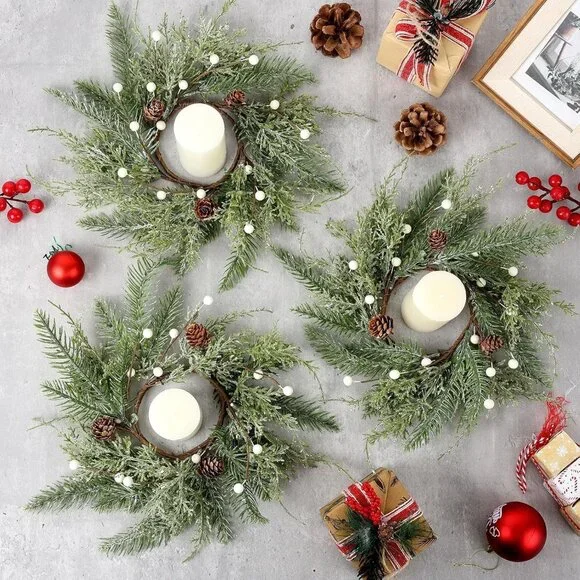 4-Piece Mini Wreath Candle Holders with Pine Cones - Perfect for Christmas Decor
